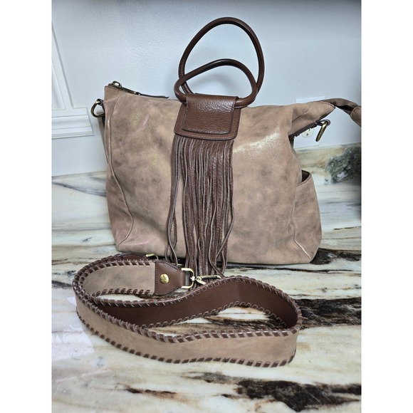 HOBO Handbags - HOBO Taupe Metallic Leather Fringe Satchel Crossbody Velvet Hide Leather Western